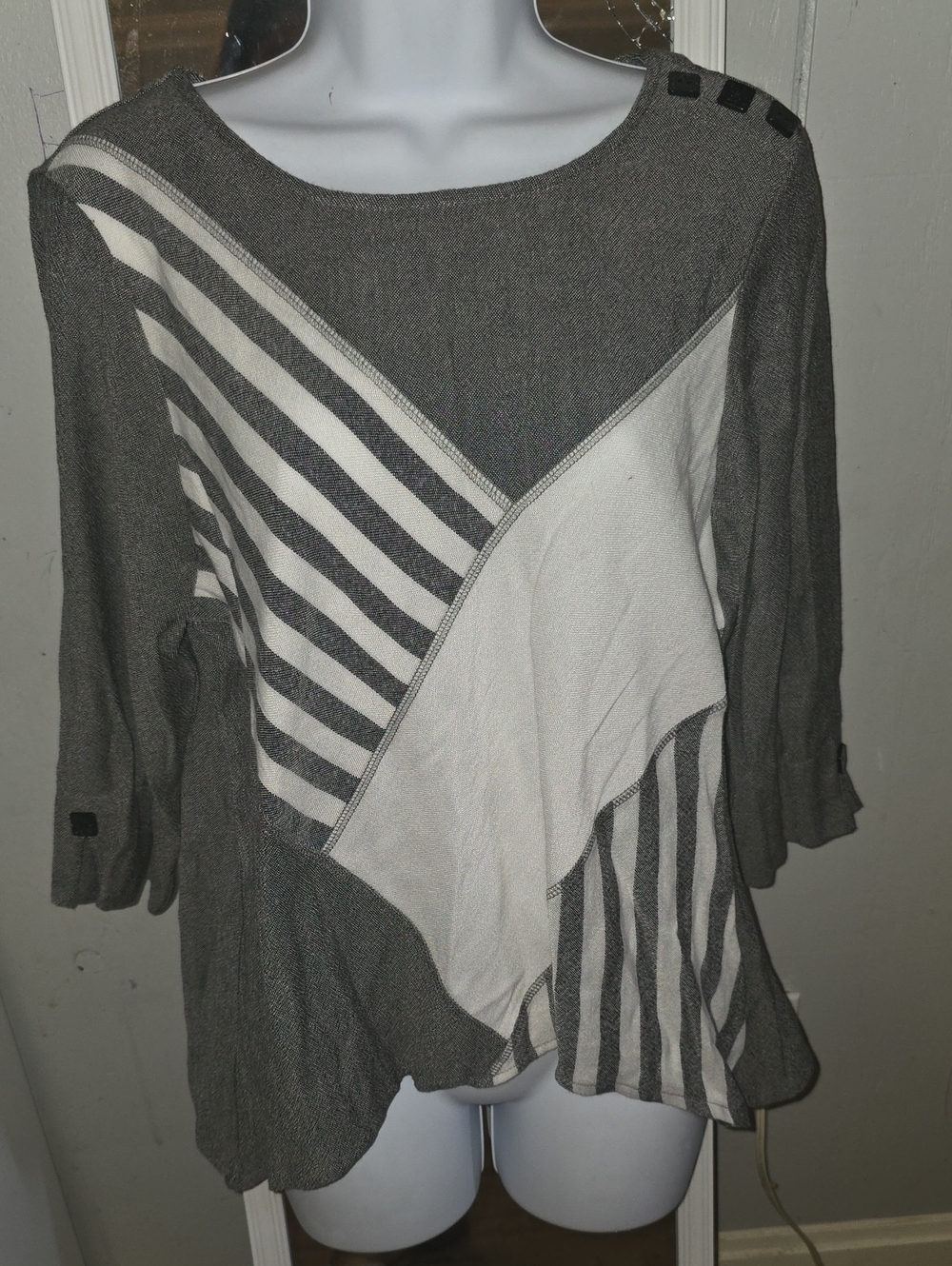 Alfred Dunner Gray and Cream Patchwork Scoop Neck Sweater